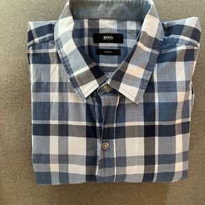 Boss Men's Navy and White Checkered Shirt - 2XL